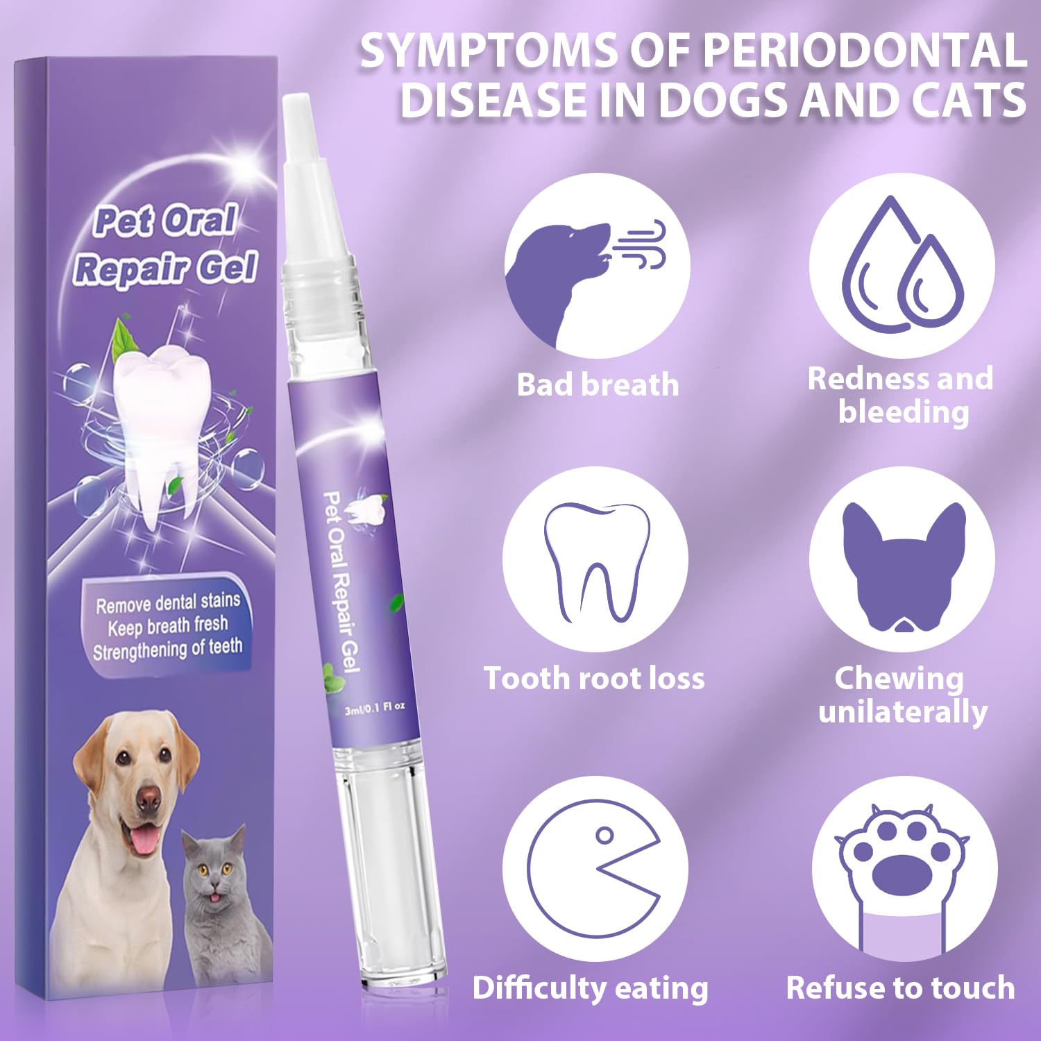 Pet Oral Repair Gel,Pet Oral Restoration White Gel,Pet Breath Freshener Gel No Brushing Oral Care Cleaner，Easy Teeth Cleaning Gel for Dogs & Cats,3ML (3box,6pcs)