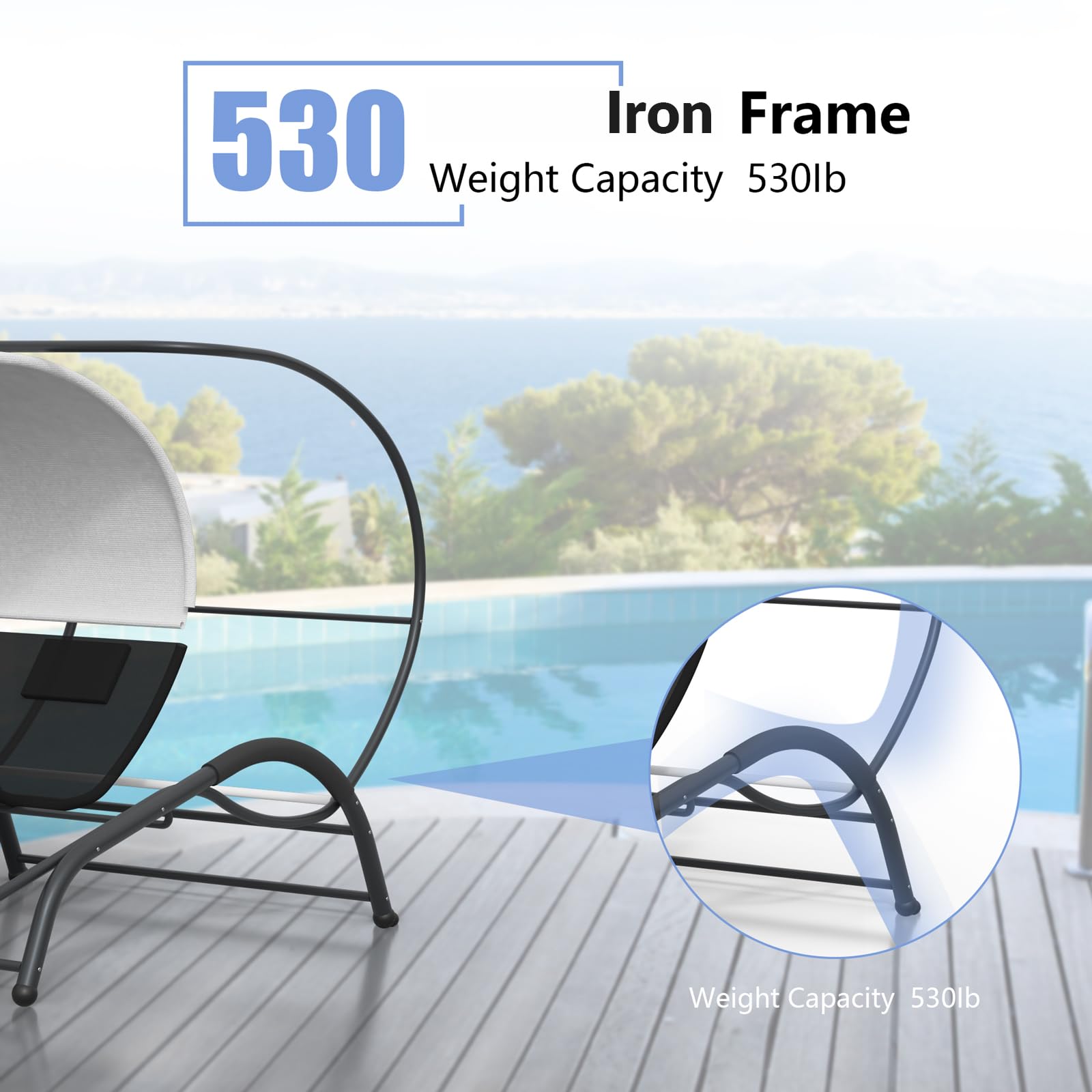 Double Chaise Lounge with Canopy - Extra Large Double Patio Hammock Sunbed Swing, Headrests, 2 Person Patio Rocking Lounge Chair Sturdy Metal Frame with Armrests for Poolside, Backyard, Garden