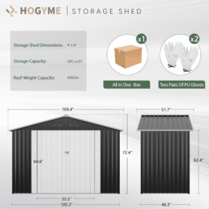 HOGYME 9x4 FT Outdoor Storage Shed, Large Metal Tool Sheds with Updated Frame Structure and Lockable Doors, Garden Shed for Backyard Garden Patio Lawn, Grey