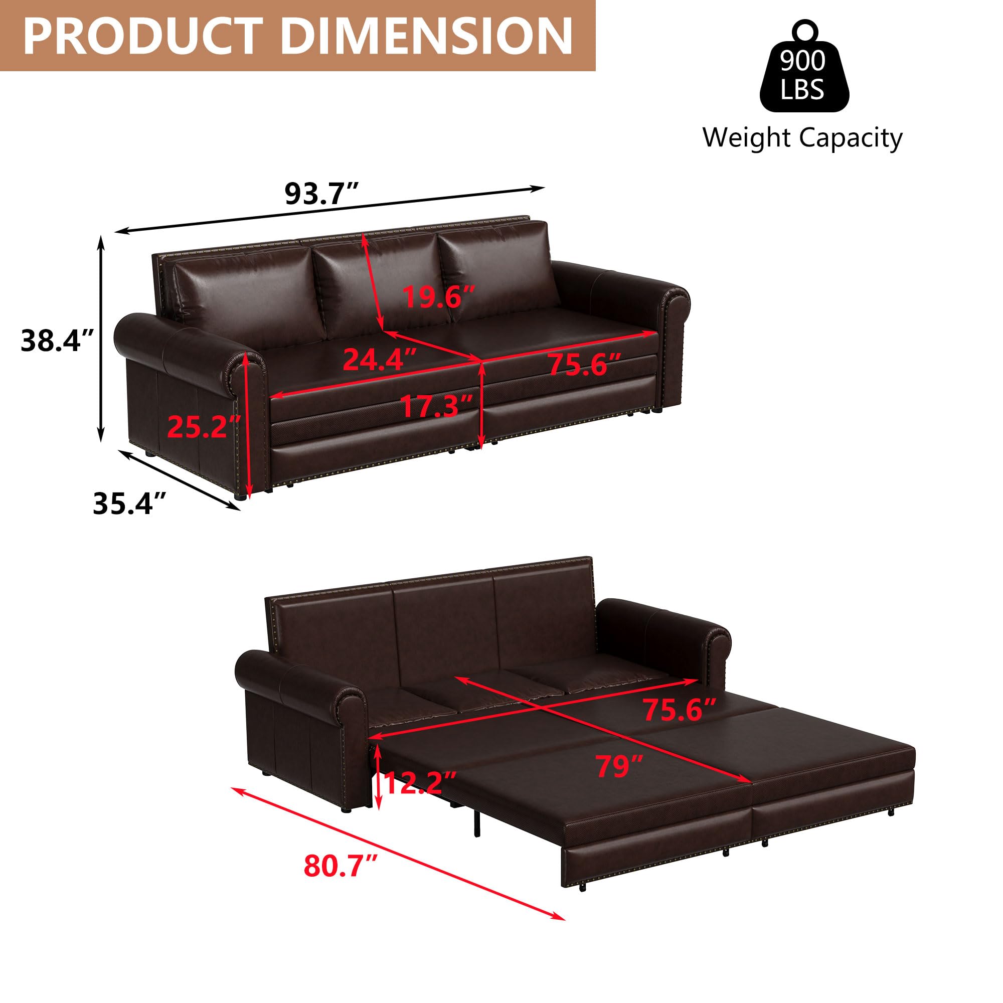 Tmsan 93.7" King Pull Out Sofa Bed, 3 in 1 Convertible Sleeper Sofa, 3 Seat Couch with Nailhead Trim & Rolled Arm for Living Room, Apartment, Office, Dark Brown PU Leather