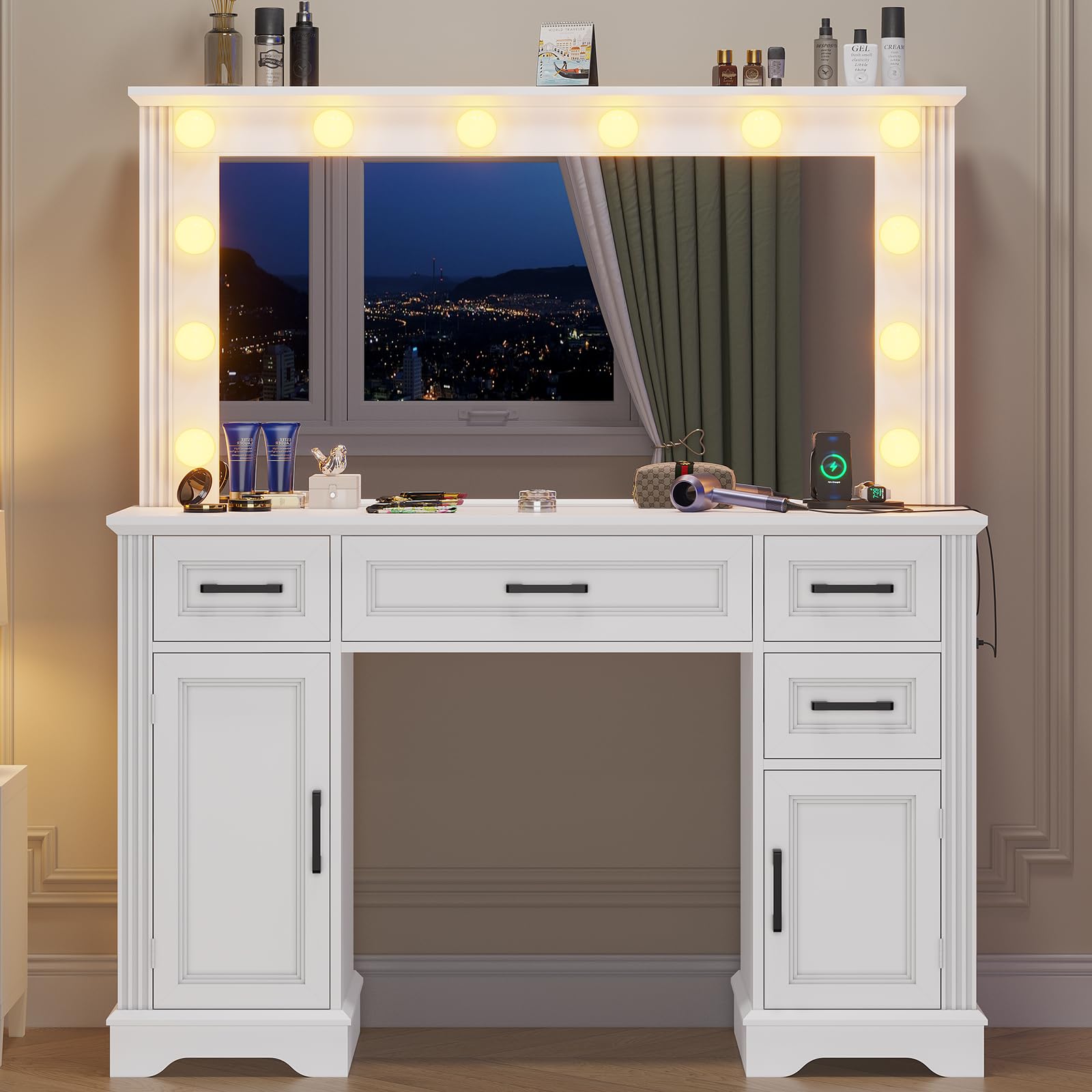 BTHFST Large Vanity Desk with Oversized Mirror & Hollywood Lights, Makeup Vanity with Charging Station, Modern Makeup Desk with 4 Drawers & 2 Storage Cabinets, White