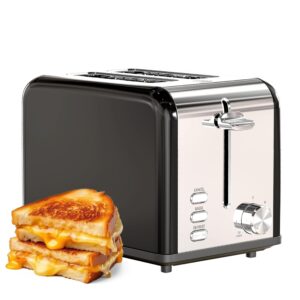 yssoa 2-slice stainless steel toaster, 6 browning setting and 3 function, extra wide slot & removable crumb tray, for bread & waffle, black