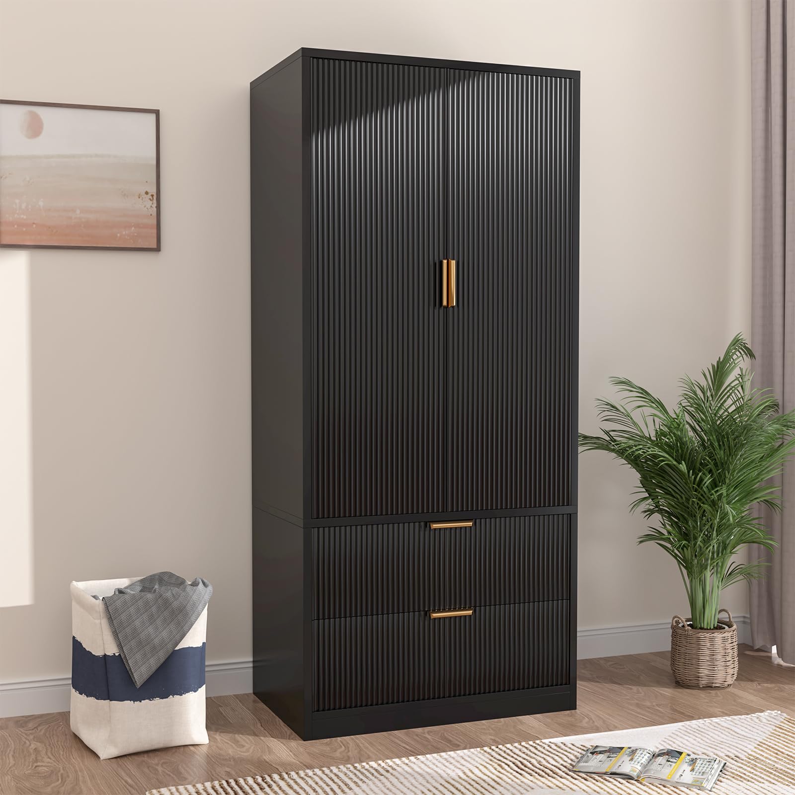 Wardrobe Closet with 2 Doors and 2 Drawers, 70"Clothing Storage Cabinets with Hanging Rod, Modern Wooden Armoire Wardrobe Closet with Gold Handles for Bedroom Armoires Laundry Room(Black)