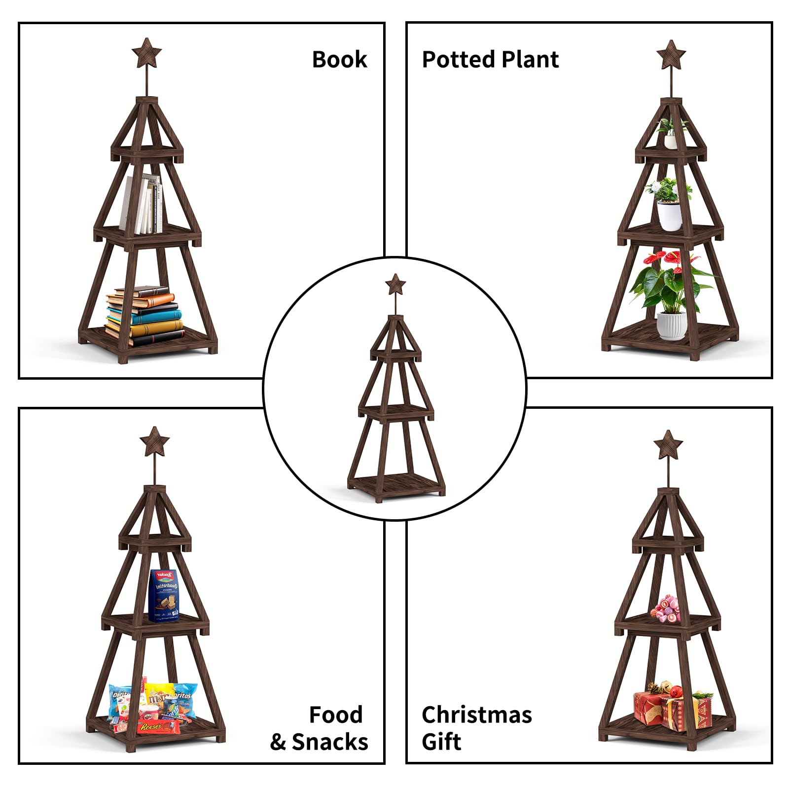 Cotata 41.3 inch 3-Tier Christmas Bookcase,Ladder Corner Solid Wood Tree Bookshelf for liveroom，Walnut