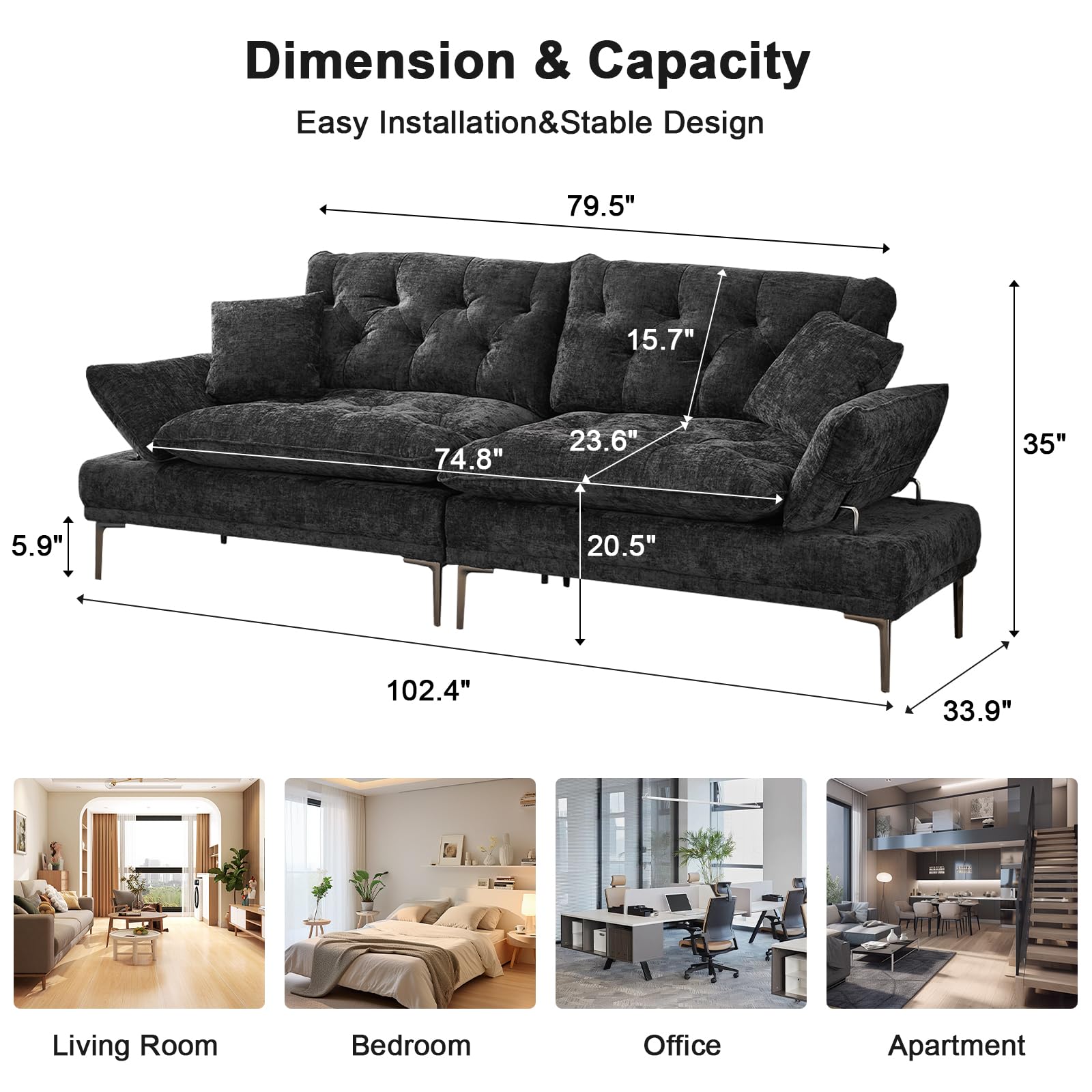 TPHORK 102" Convertible Sleeper Sofa, Chenille Loveseat Couch, Modern 2-Seat Futon Sofa with Adjustable Armrest & Pillows for Living Room Compact Space (Black)