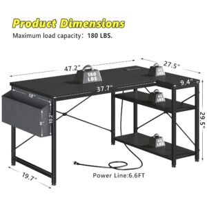 EnHomee 47" Computer Desk with Power Outlets,L Shaped Desk with Storage Shelves,Home Offic Corner Desk for Work,Writing Study Desk with Gaming Desk for Bedroom Office Dorm,Black