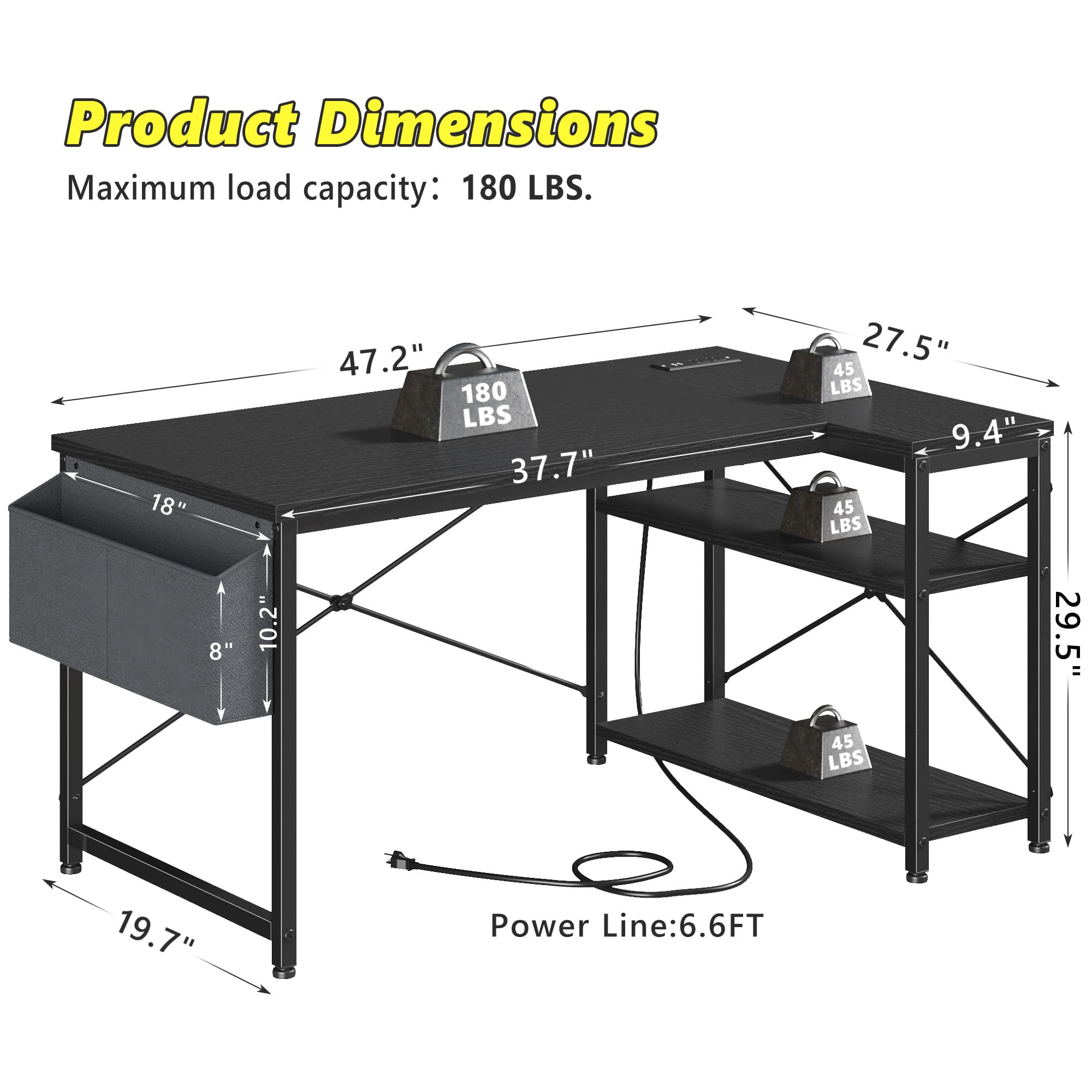 EnHomee 47" Computer Desk with Power Outlets,L Shaped Desk with Storage Shelves,Home Offic Corner Desk for Work,Writing Study Desk with Gaming Desk for Bedroom Office Dorm,Black