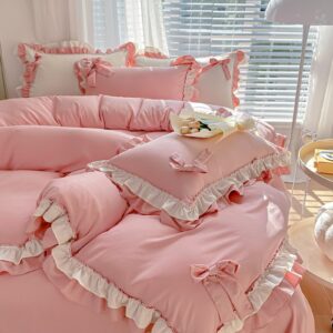 gripithpy girls romantic duvet cover set with lovely bow, princess style chic lace ruffled bow bedding set, soft breathable comforter cover set with zipper closure(queen, pink)