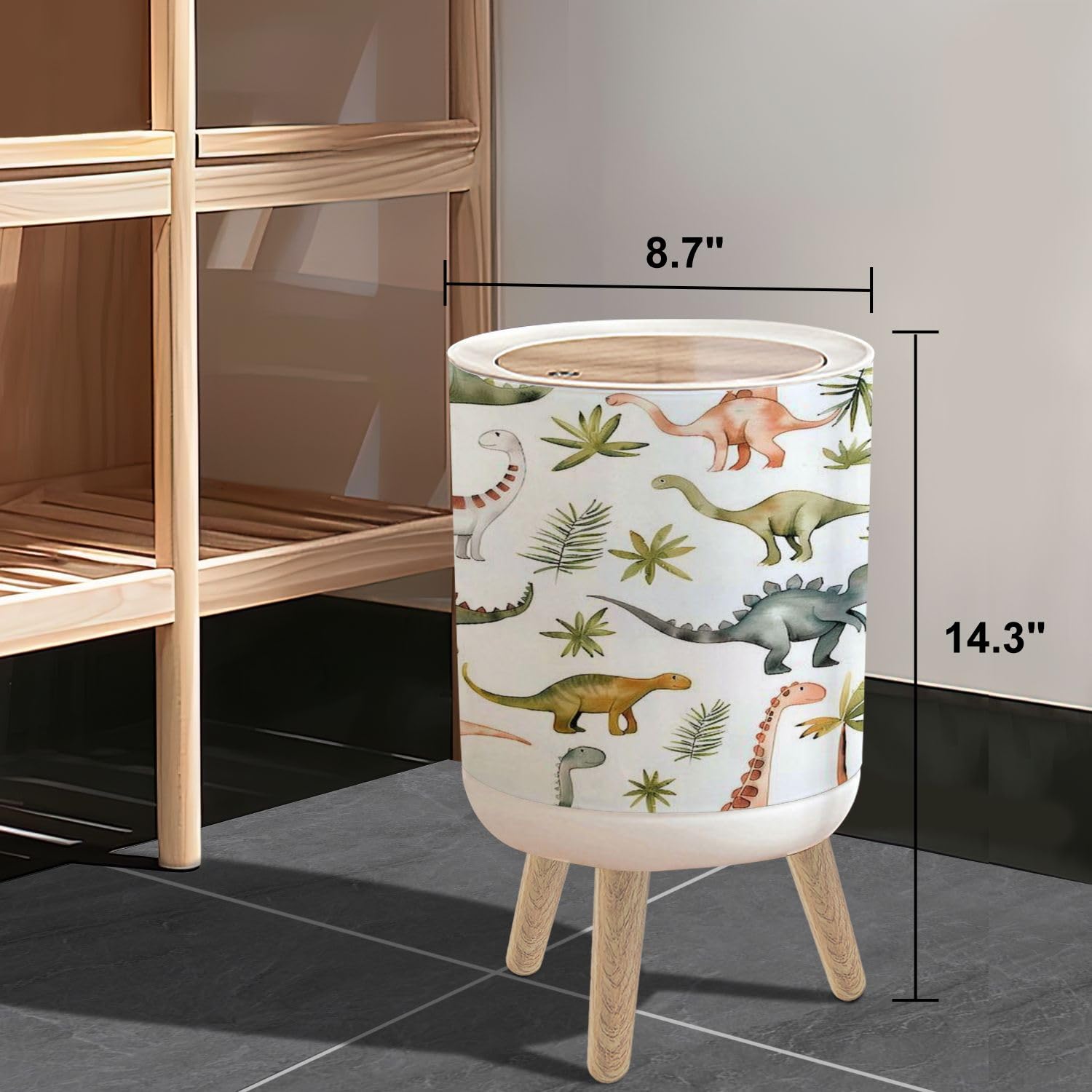 Small Trash Can with Lid Hand drawing watercolor hildren s pattern cute dino tropical leaves 1.8 Gallon/7L Garbage Can Waste Bin with Pop-Up Lid Wood Legs Wastebasket for Bathroom Kitchen Bedroom