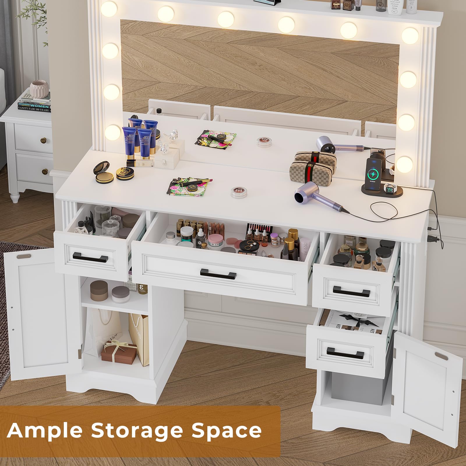 BTHFST Large Vanity Desk with Oversized Mirror & Hollywood Lights, Makeup Vanity with Charging Station, Modern Makeup Desk with 4 Drawers & 2 Storage Cabinets, White