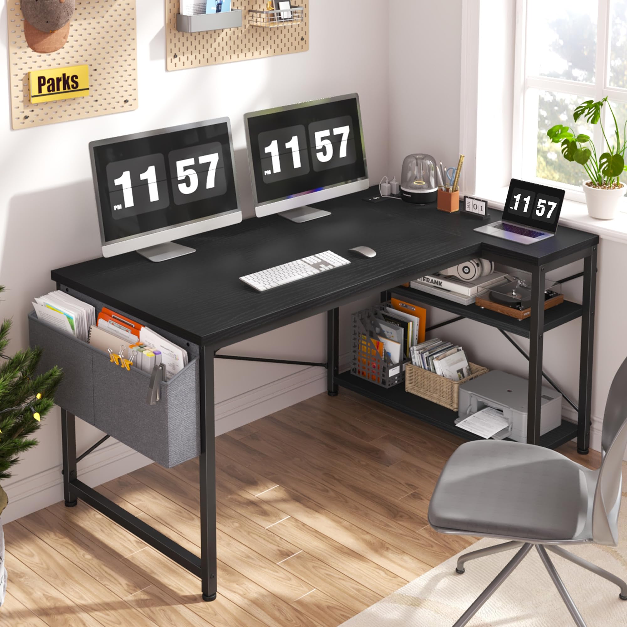 EnHomee 47" Computer Desk with Power Outlets,L Shaped Desk with Storage Shelves,Home Offic Corner Desk for Work,Writing Study Desk with Gaming Desk for Bedroom Office Dorm,Black