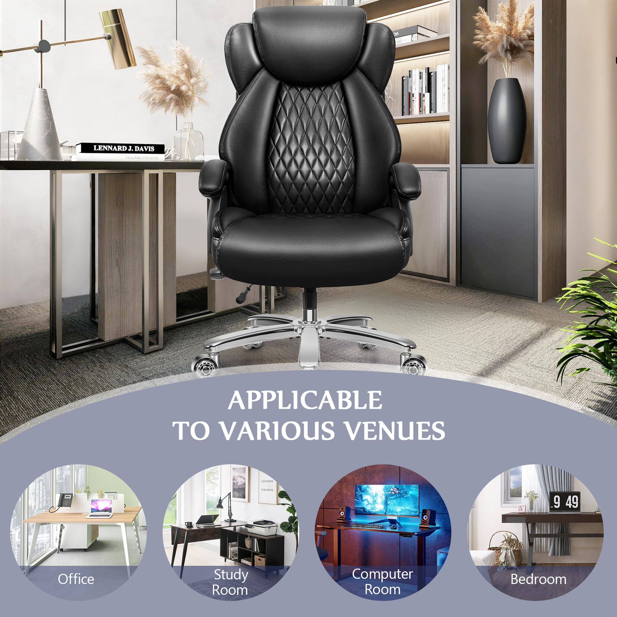 Big and Tall Office Chair 500lbs, Large PU Leather Executive Chair, High Back Computer Chair with Extra Wide Seat, Heavy Duty Metal Base & Wheels, Ergonomic Desk Chair with Adjustable Lumbar Support