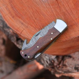 HM KNIVES Damascus Steel Pocket Gut Hook knife-Handcrafted Folding Blade Best Gift For Men For Hunting & outdoor (brown)