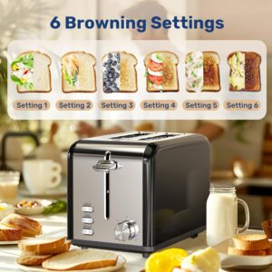 YSSOA 2-Slice Stainless Steel Toaster, 6 Browning Setting and 3 Function, Extra Wide Slot & Removable Crumb Tray, for Bread & Waffle, Black