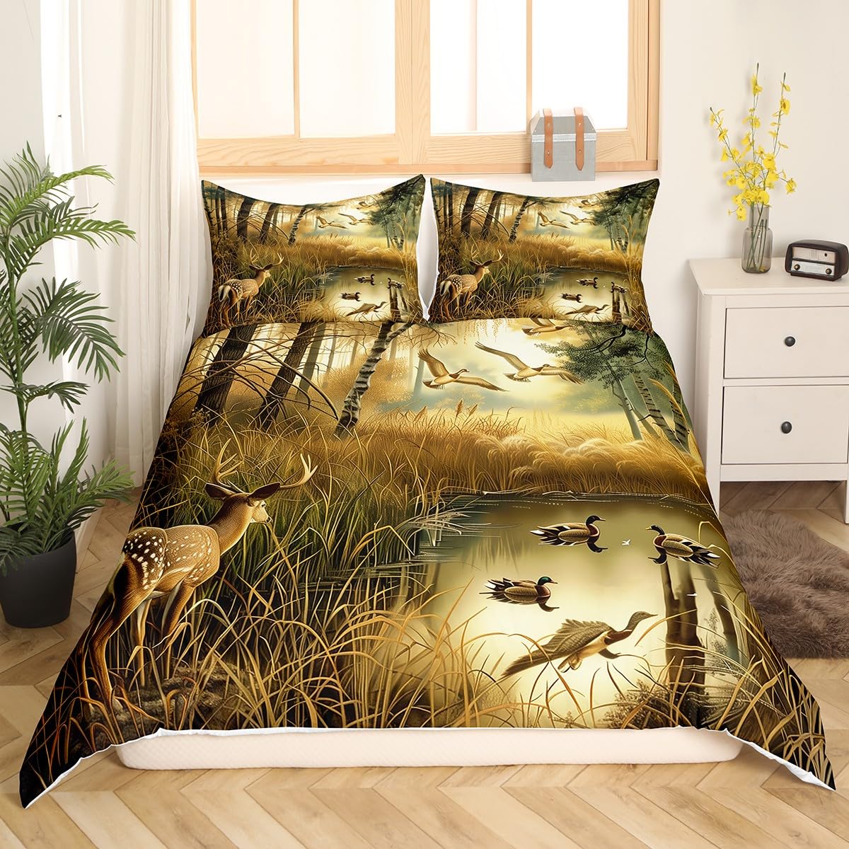 Feelyou Cute Deer Bedding Set King Size Deer Hunting Bedding Duvet Cover Set Antlers Mallard Duck Wild Animal Wild Duck Hunting Fall Tree Lake Comforter Cover Set Yellow Bedspread Cover(No Comforter)