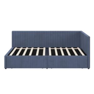 THINK 30 Corduroy Upholstered Daybed with Two Storage Drawers, L Shape Corner Bed with Vertical Striped Design, Twin Size, Blue