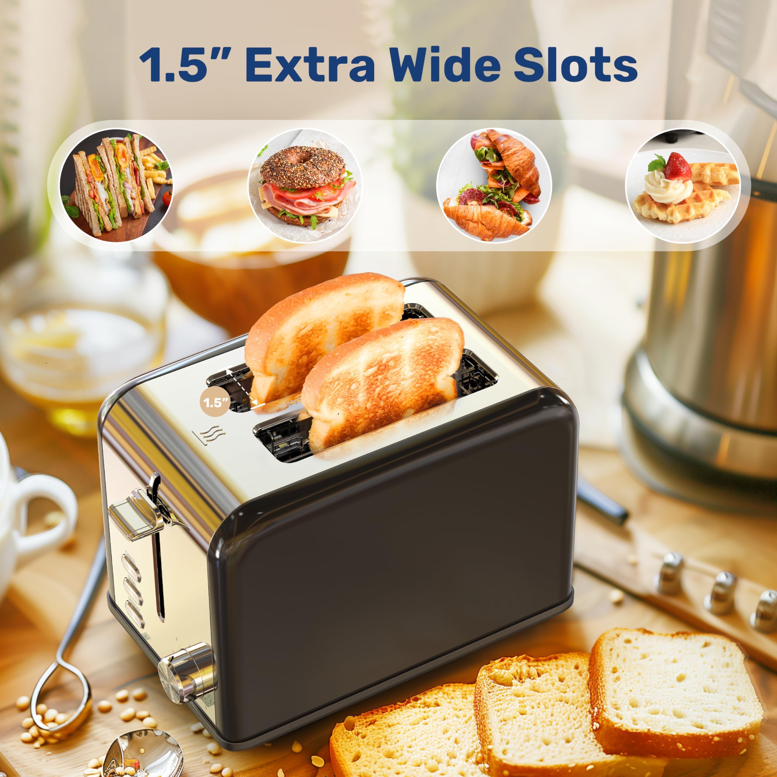 YSSOA 2-Slice Stainless Steel Toaster, 6 Browning Setting and 3 Function, Extra Wide Slot & Removable Crumb Tray, for Bread & Waffle, Black