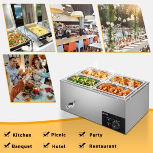 4-Pan 5LCommercial Food Warmer, 21QT Electric Steam Table 6 Inch Deep, 600W Countertop Stainless Steel Food Soup Buffet w/Temperature Control & Lid for Catering, Restaurant, Party ，Silver