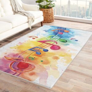 zylphult colorful music note rug 5x6 area rug washable, musical themed area rug for bedroom living room, watercolor carpet home decor, soft low pile non slip indoor rugs