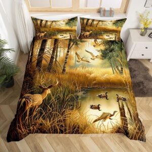 feelyou cute deer bedding set king size deer hunting bedding duvet cover set antlers mallard duck wild animal wild duck hunting fall tree lake comforter cover set yellow bedspread cover(no comforter)