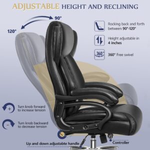 Big and Tall Office Chair 500lbs, Large PU Leather Executive Chair, High Back Computer Chair with Extra Wide Seat, Heavy Duty Metal Base & Wheels, Ergonomic Desk Chair with Adjustable Lumbar Support