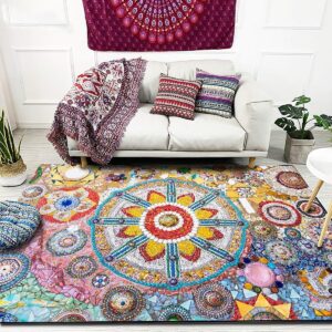 qkjtyt unique colorful mandala floral rugs 4'x6' pebbles cobblestones flowers print area rug for bedroom classroom non-shedding low pile rectangular mats,red/blue