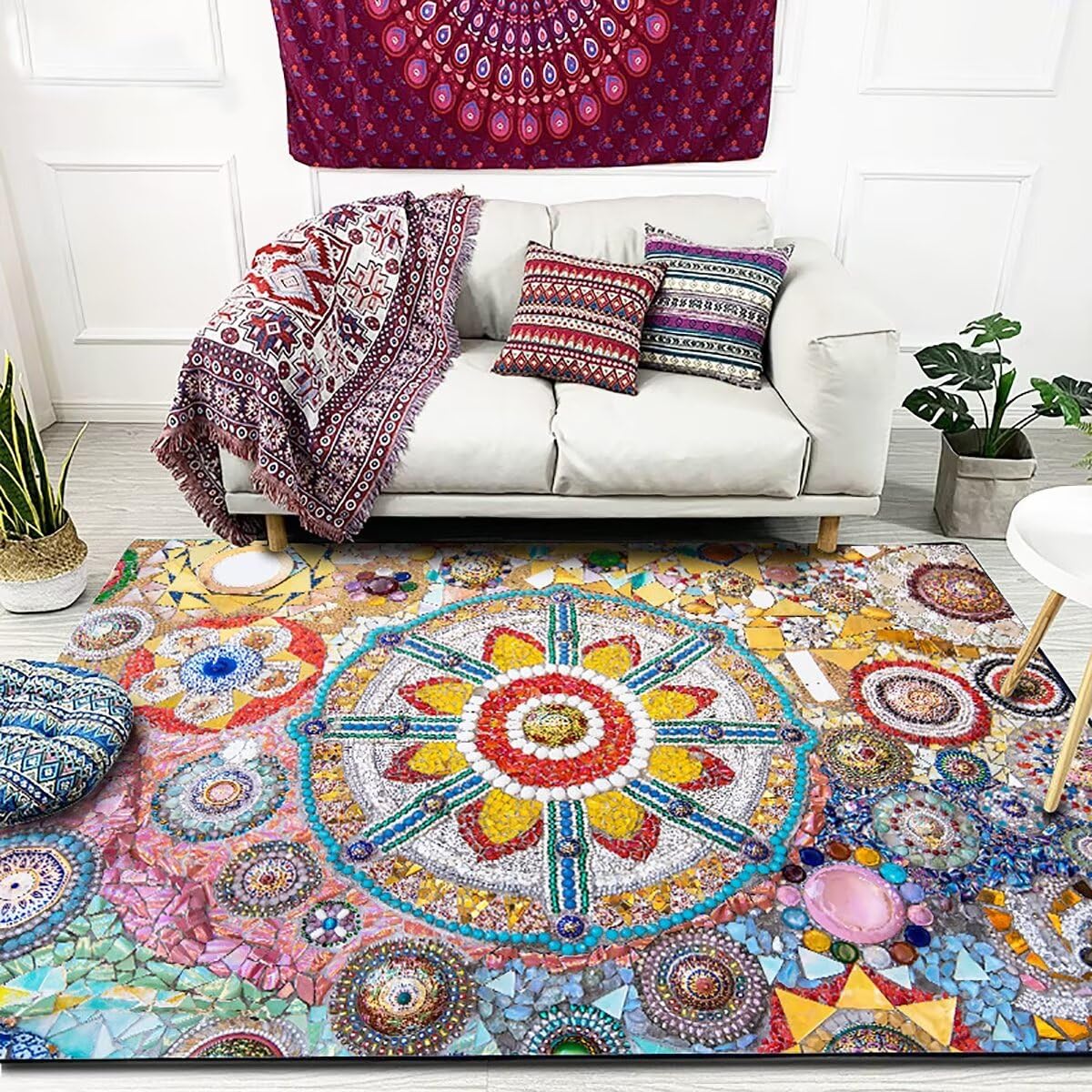 Qkjtyt Unique Colorful Mandala Floral Rugs 4'x6' Pebbles Cobblestones Flowers Print Area Rug for Bedroom Classroom Non-Shedding Low Pile Rectangular Mats,Red/Blue