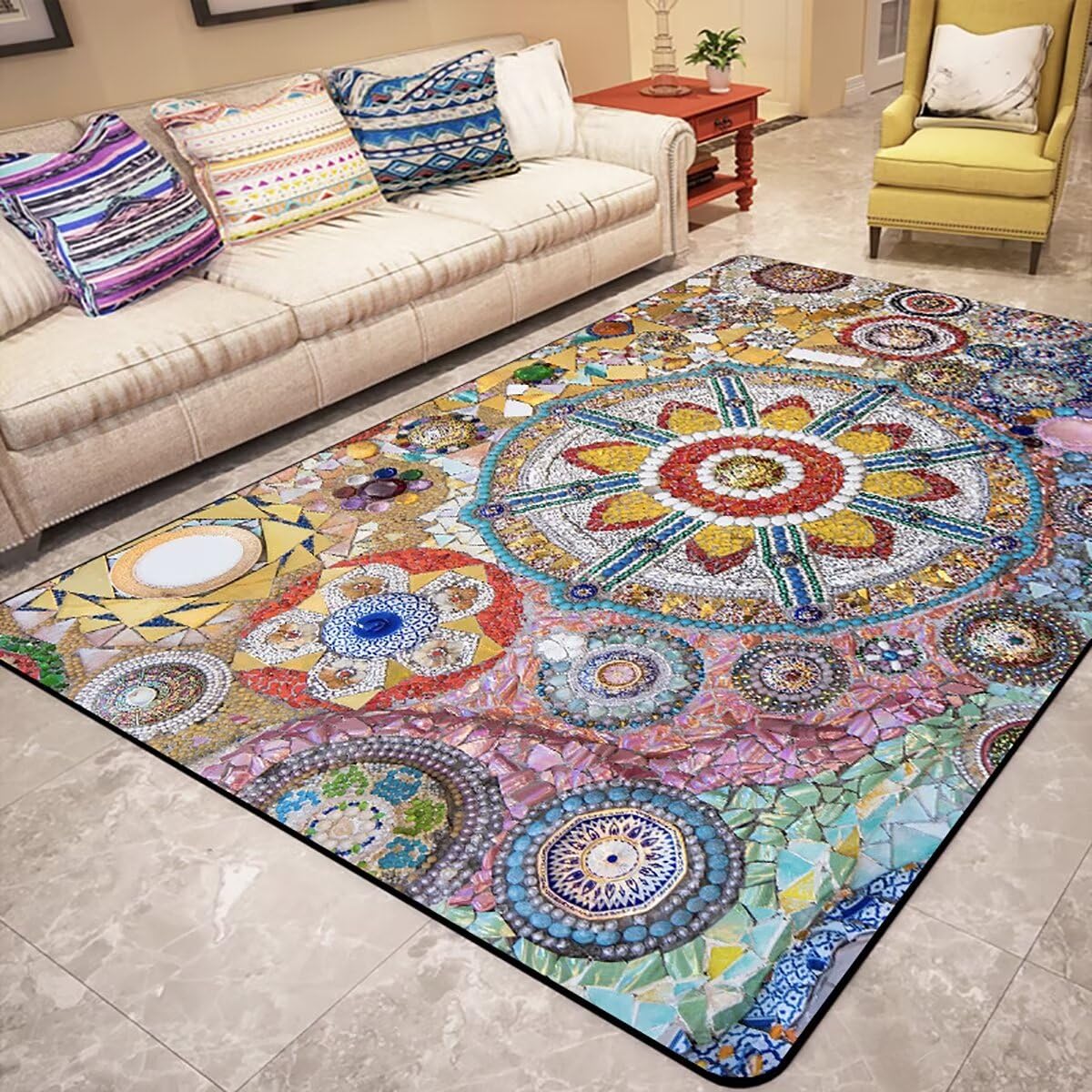 Qkjtyt Unique Colorful Mandala Floral Rugs 4'x6' Pebbles Cobblestones Flowers Print Area Rug for Bedroom Classroom Non-Shedding Low Pile Rectangular Mats,Red/Blue