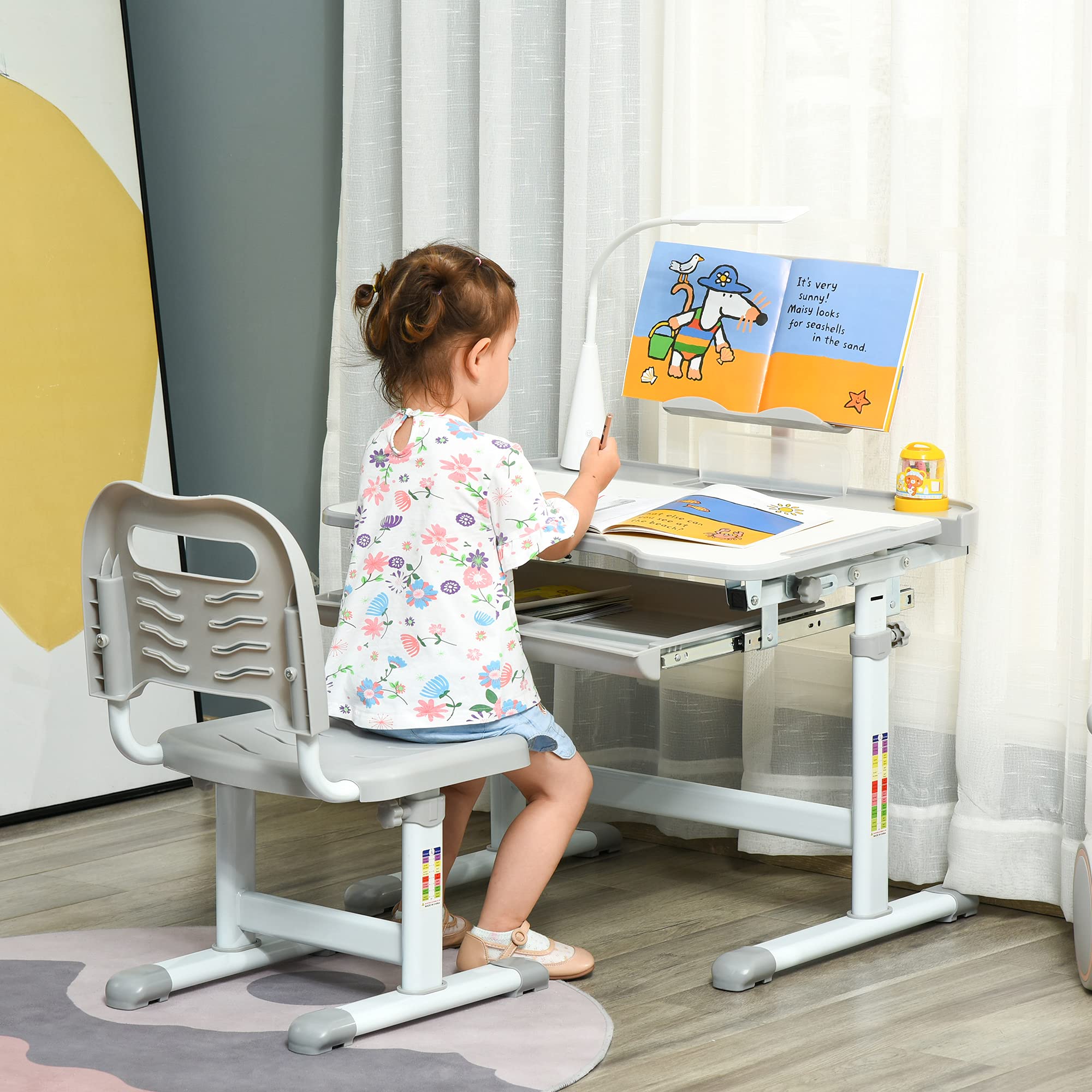 Qaba Kids Desk and Chair Set, School Study Desk with USB Light, Storage Drawer for Writing, Activities, Arts, or Crafts, Gray and White