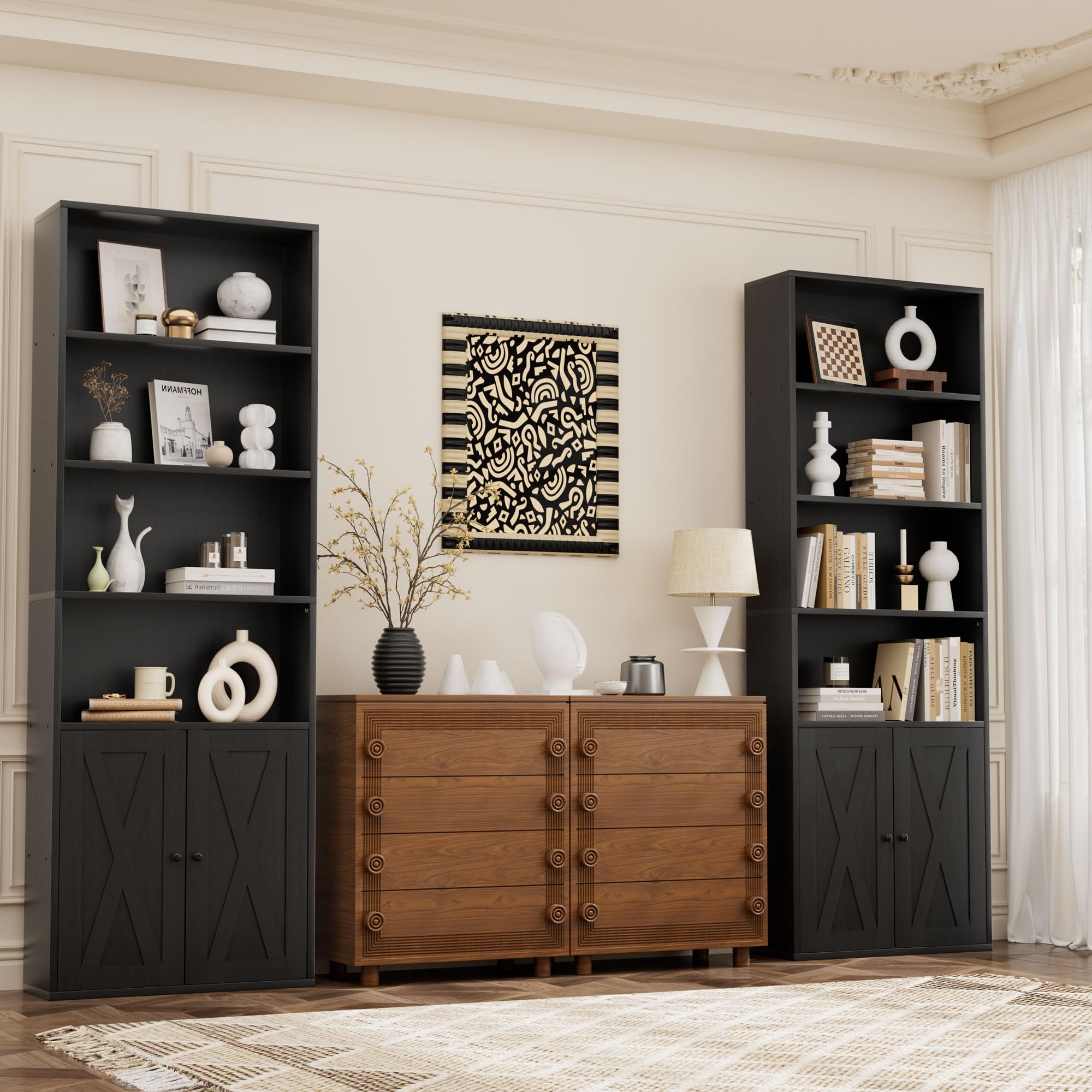 JAMFLY Open Bookshelf and Bookcase with Doors, 6 Shelf Storage Shelves Tall Bookcase for Bedroom, Living Room and Office, Black