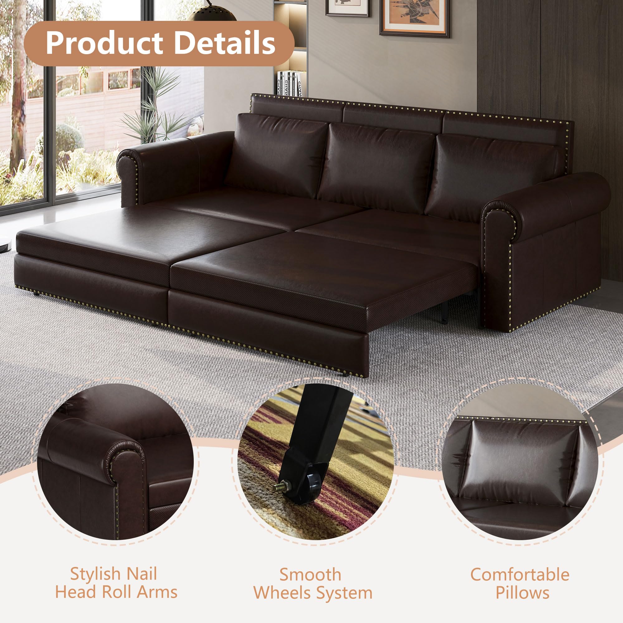 Tmsan 93.7" King Pull Out Sofa Bed, 3 in 1 Convertible Sleeper Sofa, 3 Seat Couch with Nailhead Trim & Rolled Arm for Living Room, Apartment, Office, Dark Brown PU Leather