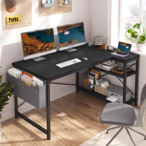 EnHomee 47" Computer Desk with Power Outlets,L Shaped Desk with Storage Shelves,Home Offic Corner Desk for Work,Writing Study Desk with Gaming Desk for Bedroom Office Dorm,Black