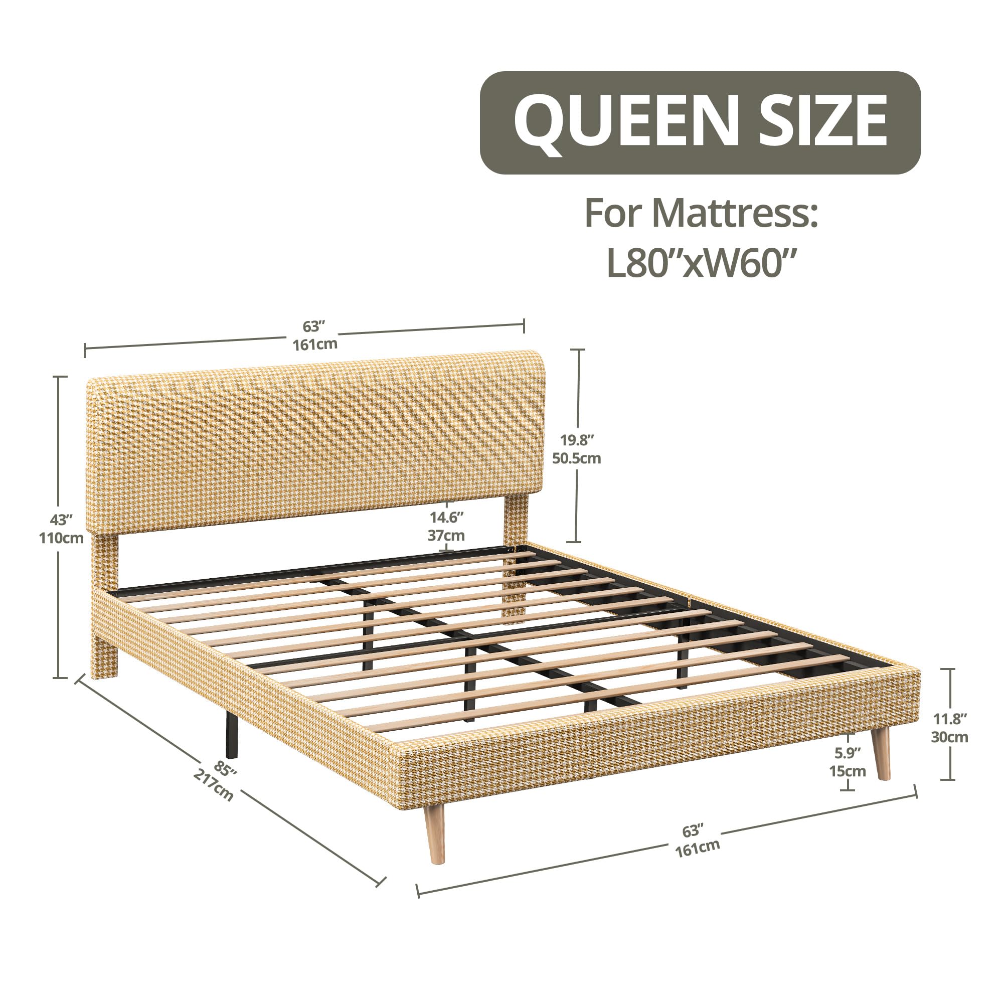 LIKIMIO Queen Bed Frame with Headboard, Fully Cotton Upholstered Foundation, Wooden Slats Support, Noise Free, No Box Spring Needed, Easy Assembly, Rustic Yellow and White Checkered