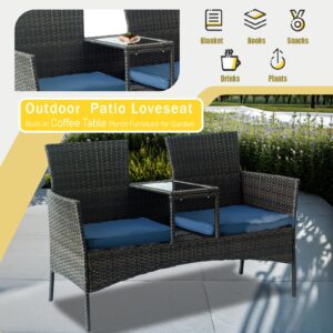 2-Seater Outdoor Patio Lounger Set with Coffee Table Durable 2-Person Outdoor Furniture - Ideal for Lawn Gardens, patios, Balconies - Weather-Resistant and Low-Maintenance (Brown-Blue)