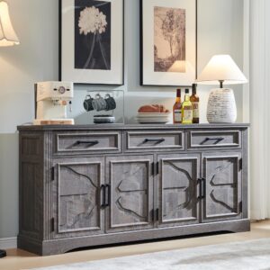 jxqtlingmu 66" large buffet sideboard cabinet with 4 doors and 3 drawers, buffet table coffee bar wine bar storage cabinet for dining room, living room, weatherworn grey