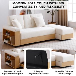 mikibama L-Shaped Sofa Couch with Storage Chaise & Arms,Convertible Sleeper Sofa Bed with Drawers,Linen Upholstered Small Couch Bed for Small Spaces,RV,Apartment,Bedroom. (Linen, Off White)