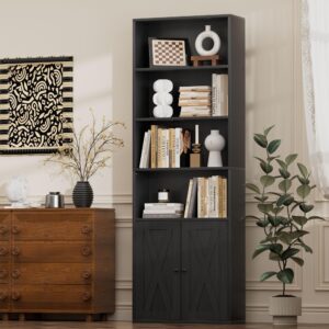 JAMFLY Open Bookshelf and Bookcase with Doors, 6 Shelf Storage Shelves Tall Bookcase for Bedroom, Living Room and Office, Black