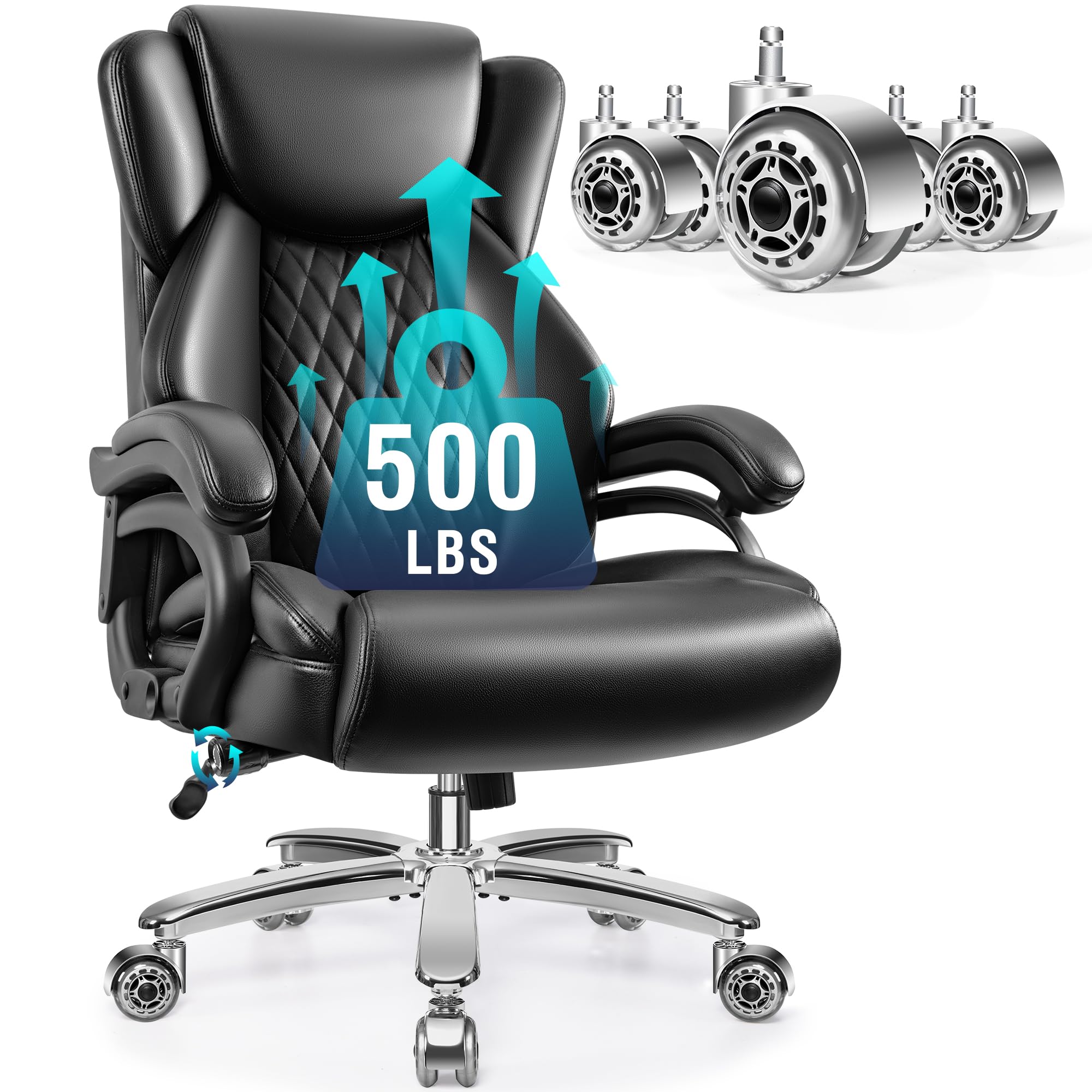 Big and Tall Office Chair 500lbs, Large PU Leather Executive Chair, High Back Computer Chair with Extra Wide Seat, Heavy Duty Metal Base & Wheels, Ergonomic Desk Chair with Adjustable Lumbar Support