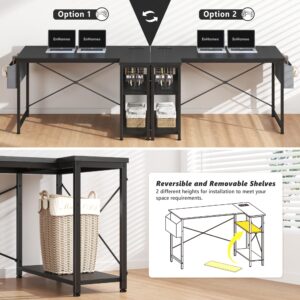 EnHomee 47" Computer Desk with Power Outlets,L Shaped Desk with Storage Shelves,Home Offic Corner Desk for Work,Writing Study Desk with Gaming Desk for Bedroom Office Dorm,Black