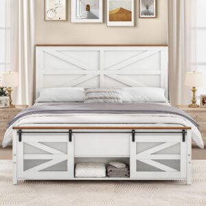 yitahome queen size farmhouse bed frame with sliding barn door storage cabinets, platform bed frame with 47.2" headboard, solid metal slats support, noiseless, no box spring needed, white