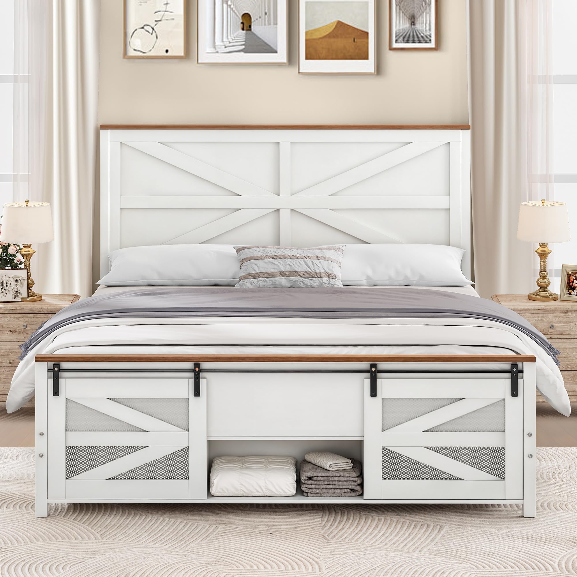 YITAHOME Queen Size Farmhouse Bed Frame with Sliding Barn Door Storage Cabinets, Platform Bed Frame with 47.2" Headboard, Solid Metal Slats Support, Noiseless, No Box Spring Needed, White