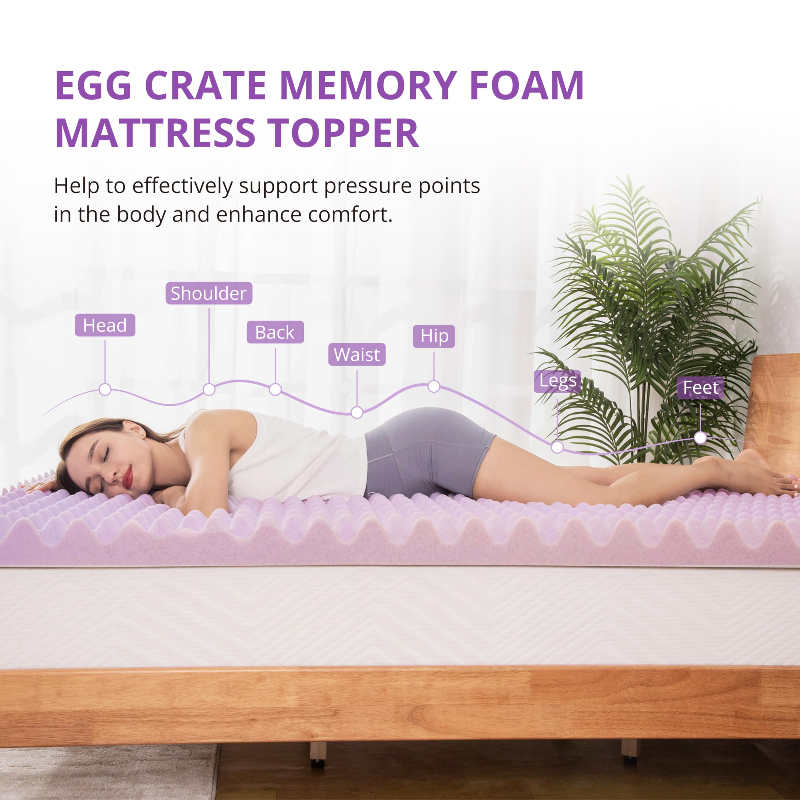 EGOHOME Egg Crate Memory Foam Mattress Topper 3 Inch Queen, Cooling Gel Infused Foam Mattress Topper for Pressure Relief, CertiPUR-US Certified Bed Topper, Purple, 60"×80"