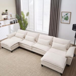 154" oversized modular sectional sofa , ice velvet large u-shaped couch comfy upholstered 4-seat sofa with 2 movable ottoman, 4 lumbar pillow, deep seat couch for living room,diy combination beige