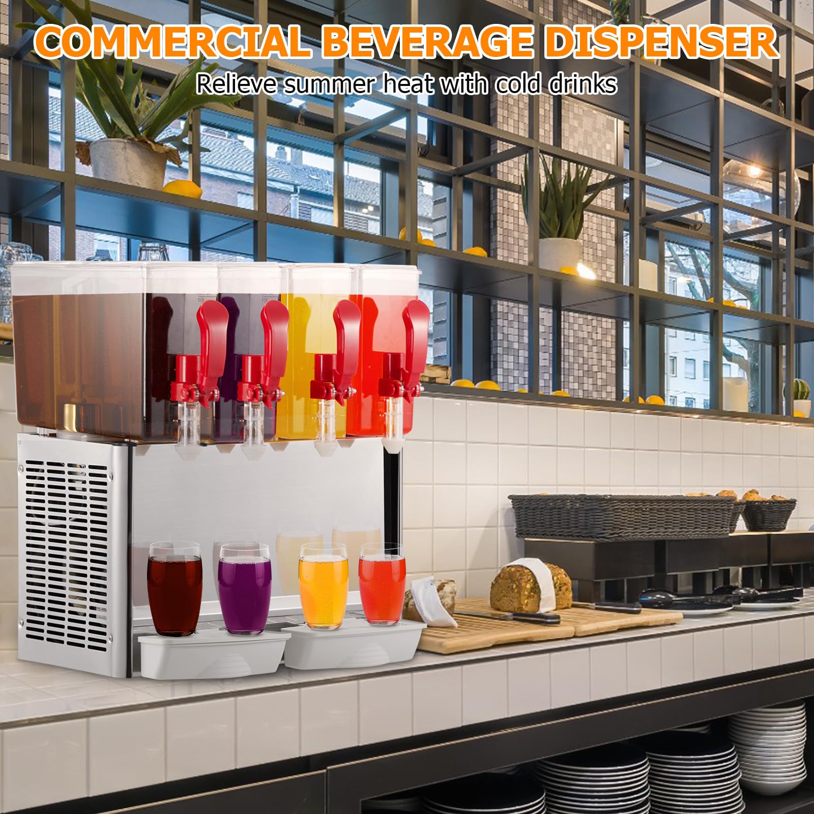 Commercial Beverage Dispenser, 4 Tanks 10.56 Gallon 40L Commercial Juice Dispenser, 10 Liter Per Tank, 380W Stainless Steel Food Grade Ice Tea Drink Dispenser with Thermostat Controller