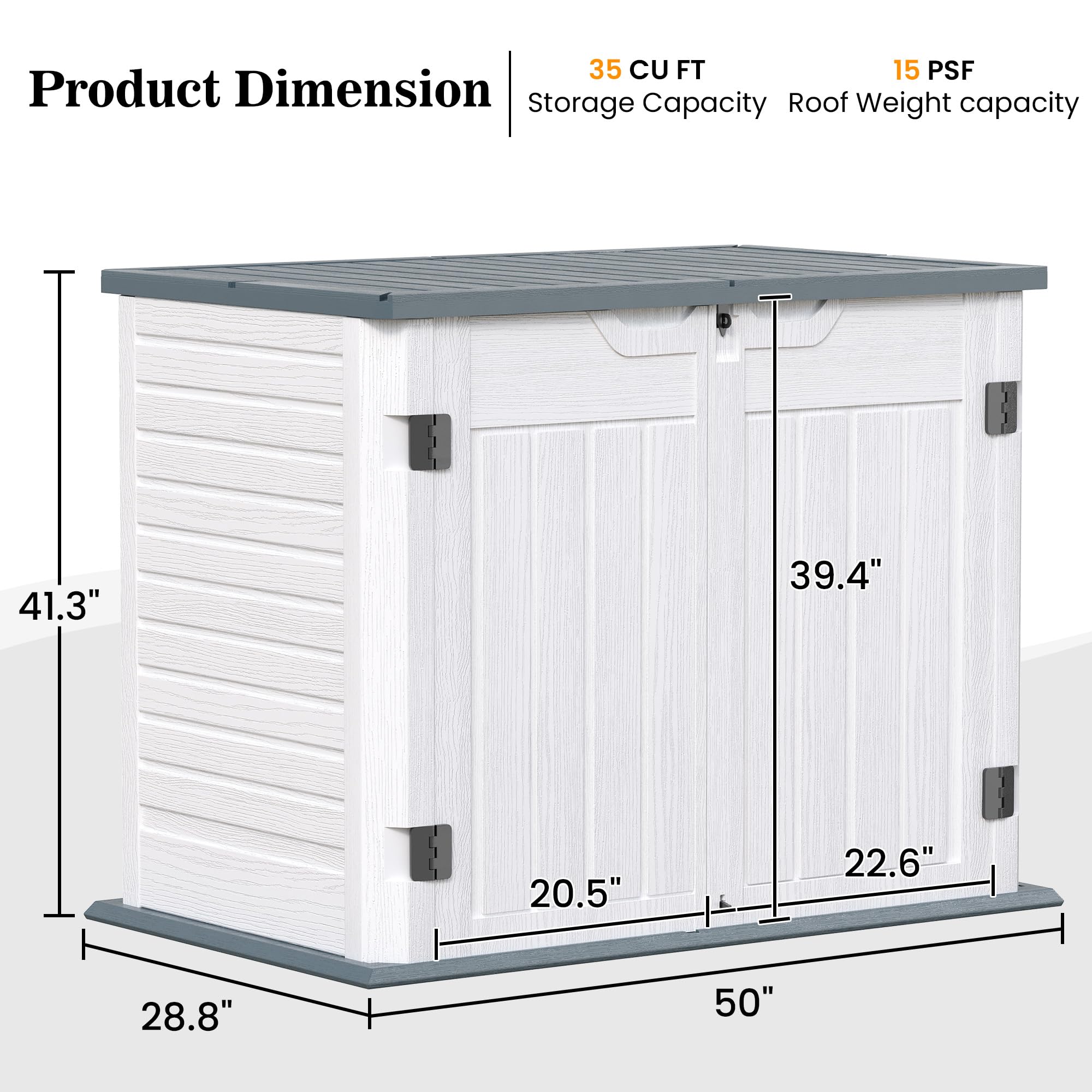 UDPATIO Outdoor Storage Cabinet 35 Cu Ft, Resin Horizontal Outdoor Trash Can Storage Box Lockable Shed 4 x 2 ft for Garbage, Garden Tools, Lawn Mowers, Light Gray