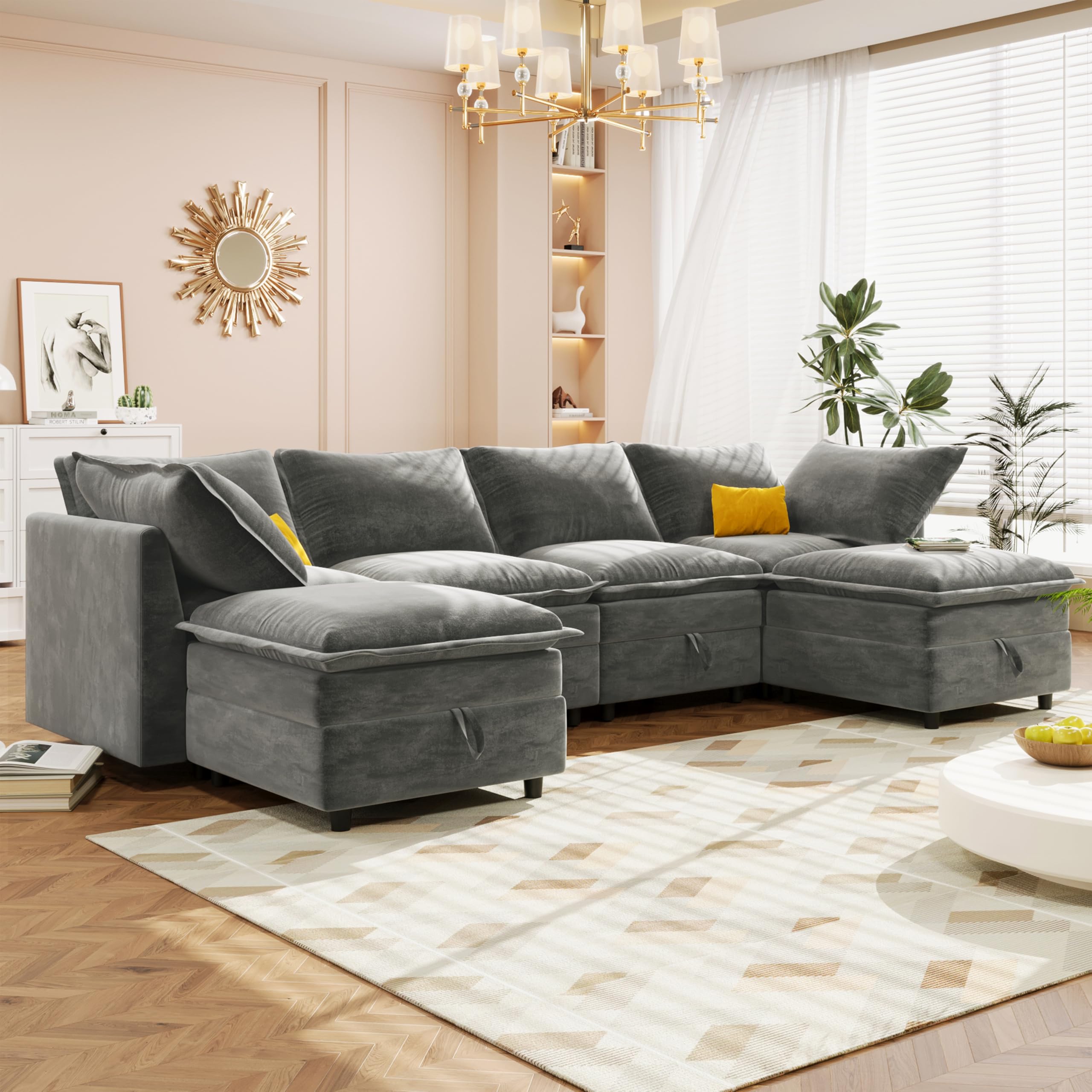 Modular Sectional Sofa with Storage Cube,4 Seat and 2 Ottoman Soft Cloud Couches for Living Room Large U Shaped,Multi-Layer Cushion Lounge Sofa DIY Combination Sleeper Sofa Bed, Grey