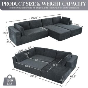 135" Modular Sectional Sleeper Sofa, Comfy Chenille Deep Seat L Shape Sectional Couches for Living Room, Modern Oversized Cozy Cloud Sectional Sponge Sofa with Chaise Lounge, Grey