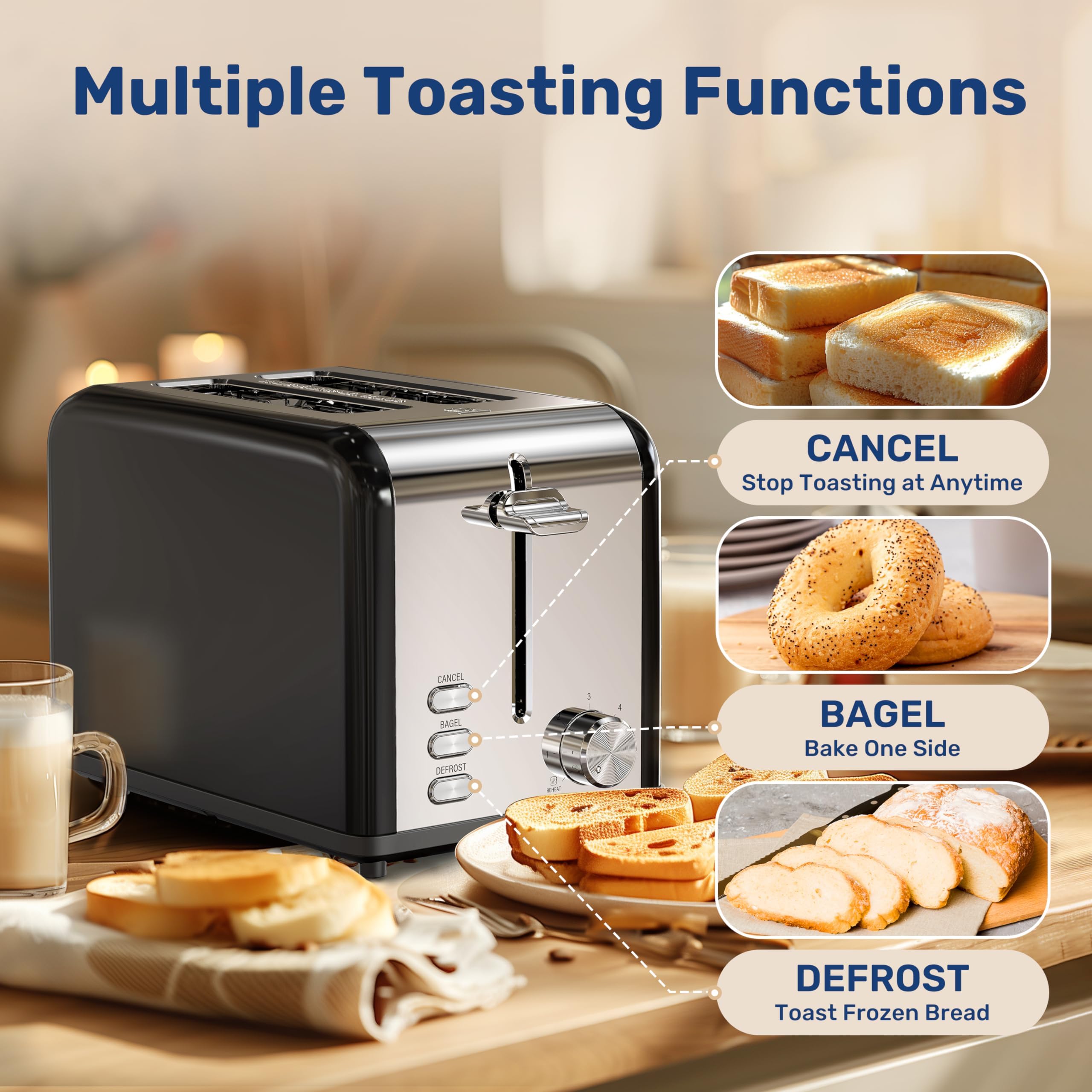 YSSOA 2-Slice Stainless Steel Toaster, 6 Browning Setting and 3 Function, Extra Wide Slot & Removable Crumb Tray, for Bread & Waffle, Black