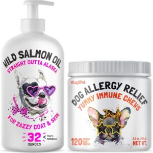 wild alaskan salmon oil for dogs & cats 32 oz and allergy relief chews for dogs & immune & digestive supplement 120 chews