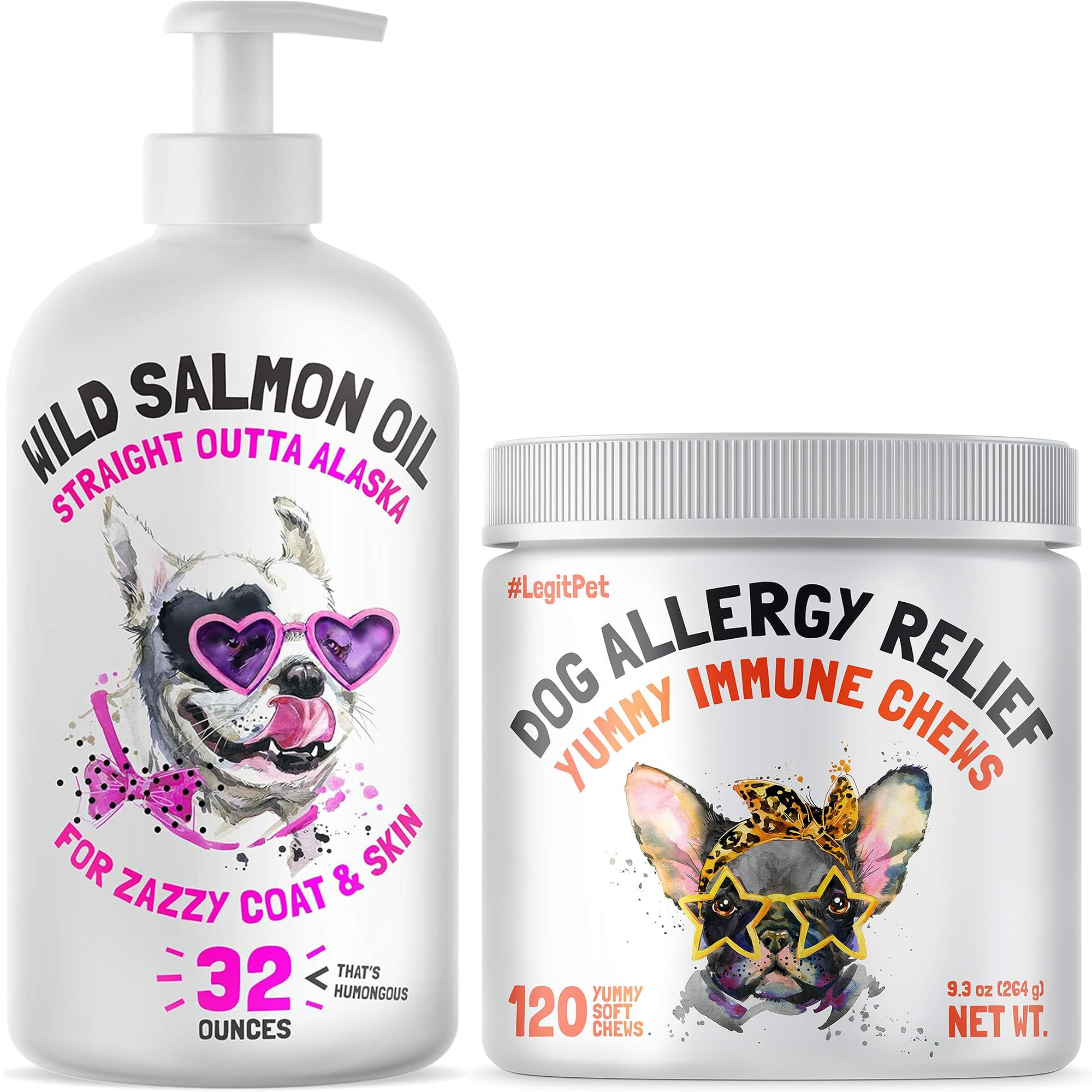 Wild Alaskan Salmon Oil for Dogs & Cats 32 oz and Allergy Relief Chews for Dogs & Immune & Digestive Supplement 120 Chews